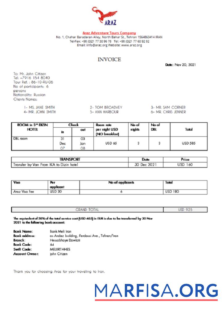 Downloadable Iran Araz Tours Company invoice example